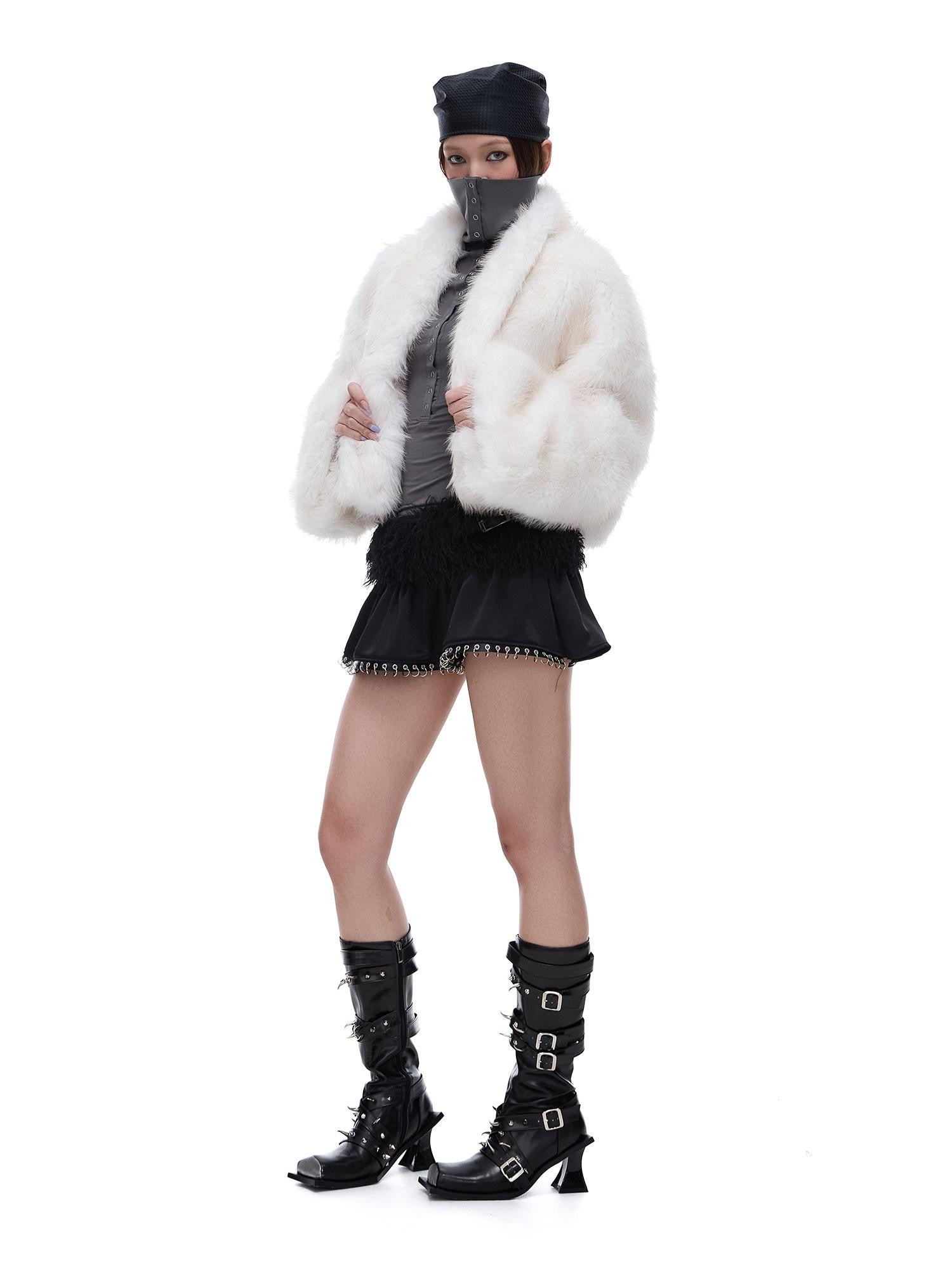 START THE ENGINE Ivory Stand Collar Short Bonded Faux Leather Fur Women's Eco Faux Fur Coats