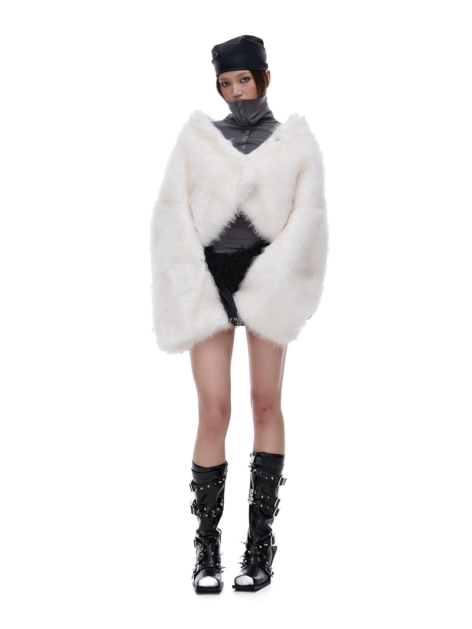 START THE ENGINE Ivory Stand Collar Short Bonded Faux Leather Fur Women's Eco Faux Fur Coats