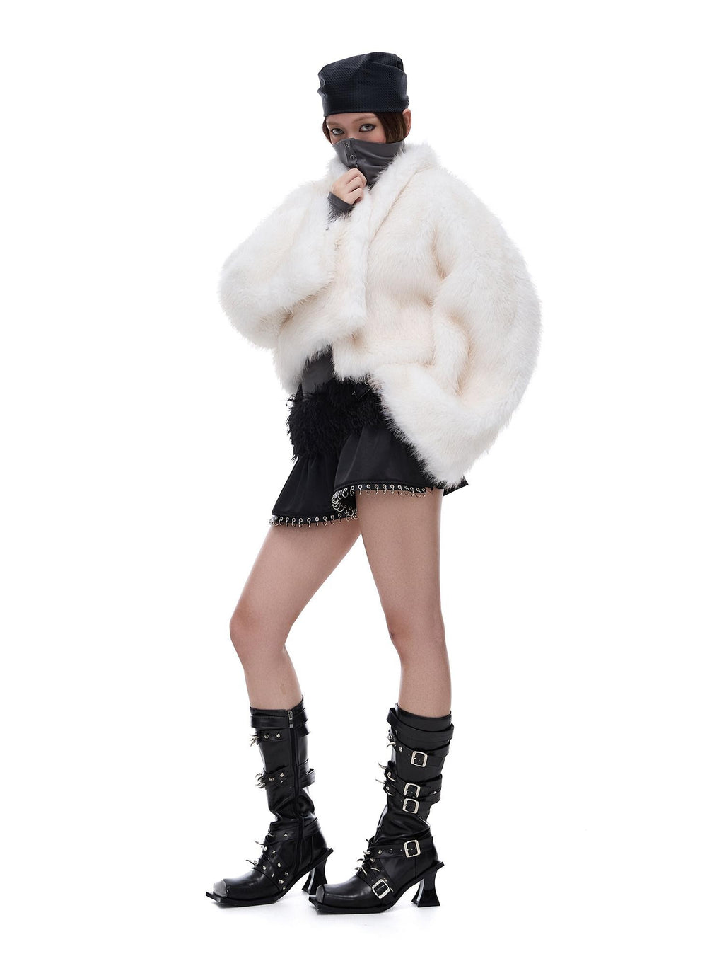 START THE ENGINE Ivory Stand Collar Short Bonded Faux Leather Fur Women's Eco Faux Fur Coats
