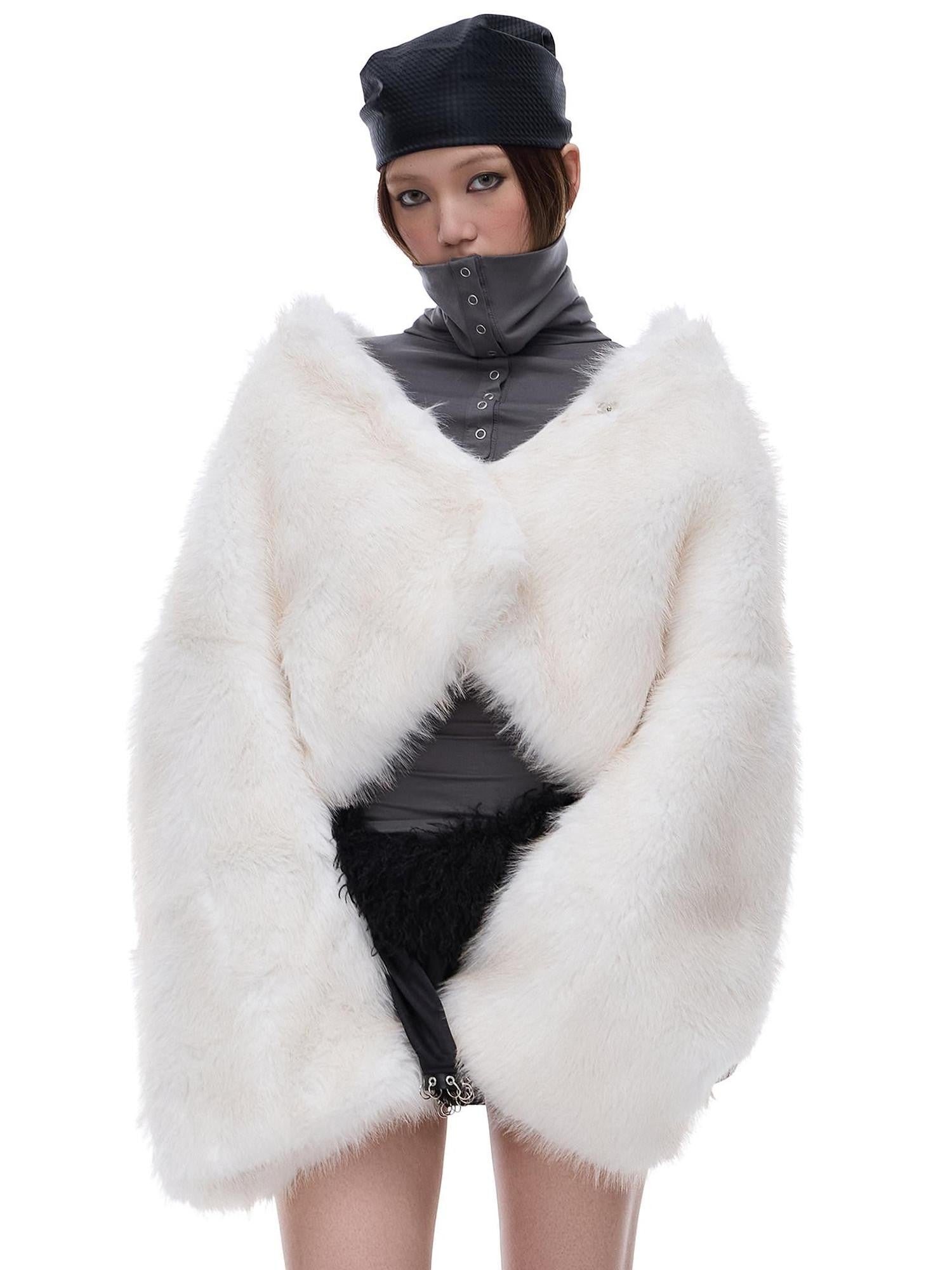 START THE ENGINE Ivory Stand Collar Short Bonded Faux Leather Fur Women's Eco Faux Fur Coats
