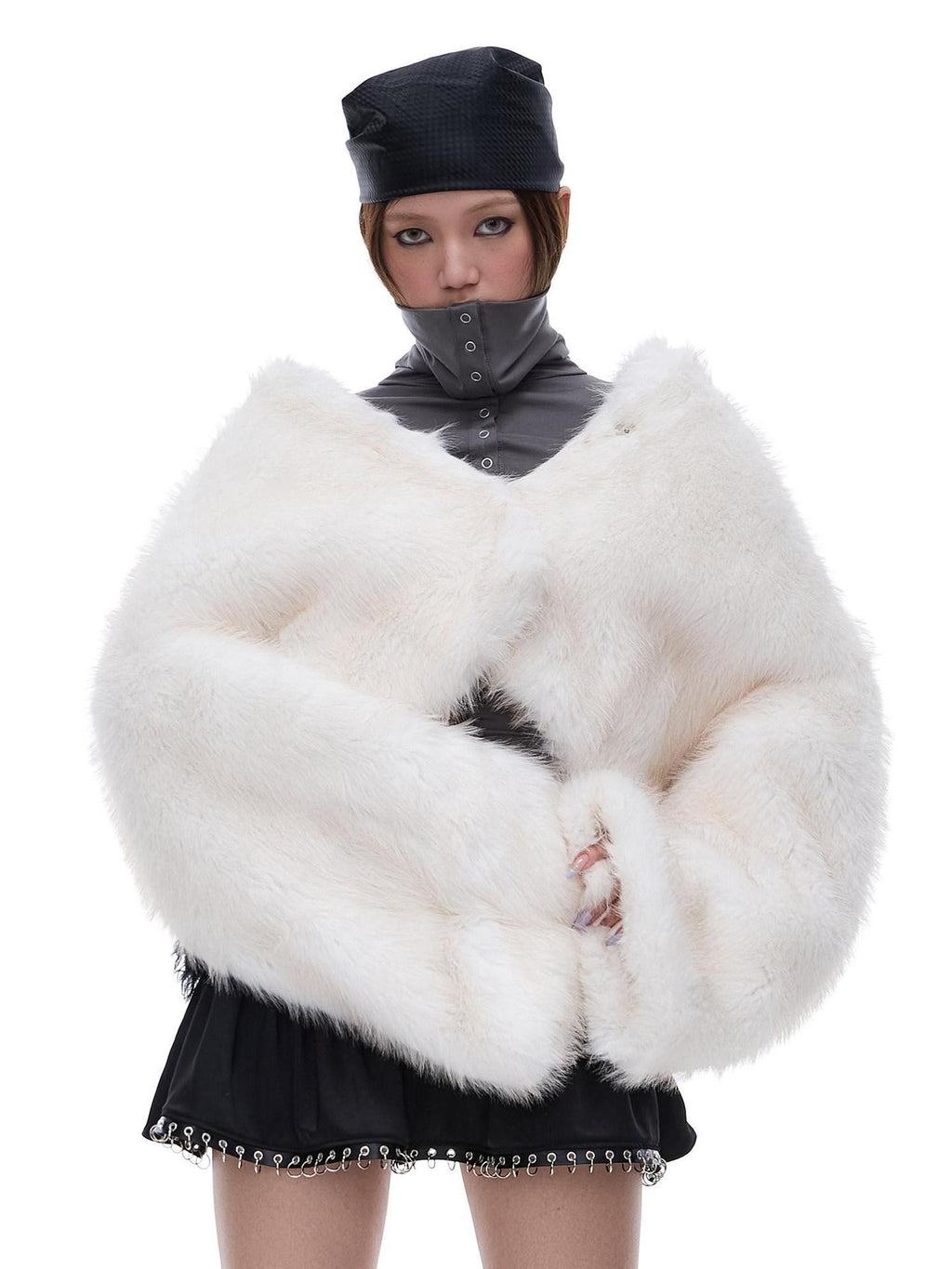 START THE ENGINE Ivory Stand Collar Short Bonded Faux Leather Fur Women's Eco Faux Fur Coats