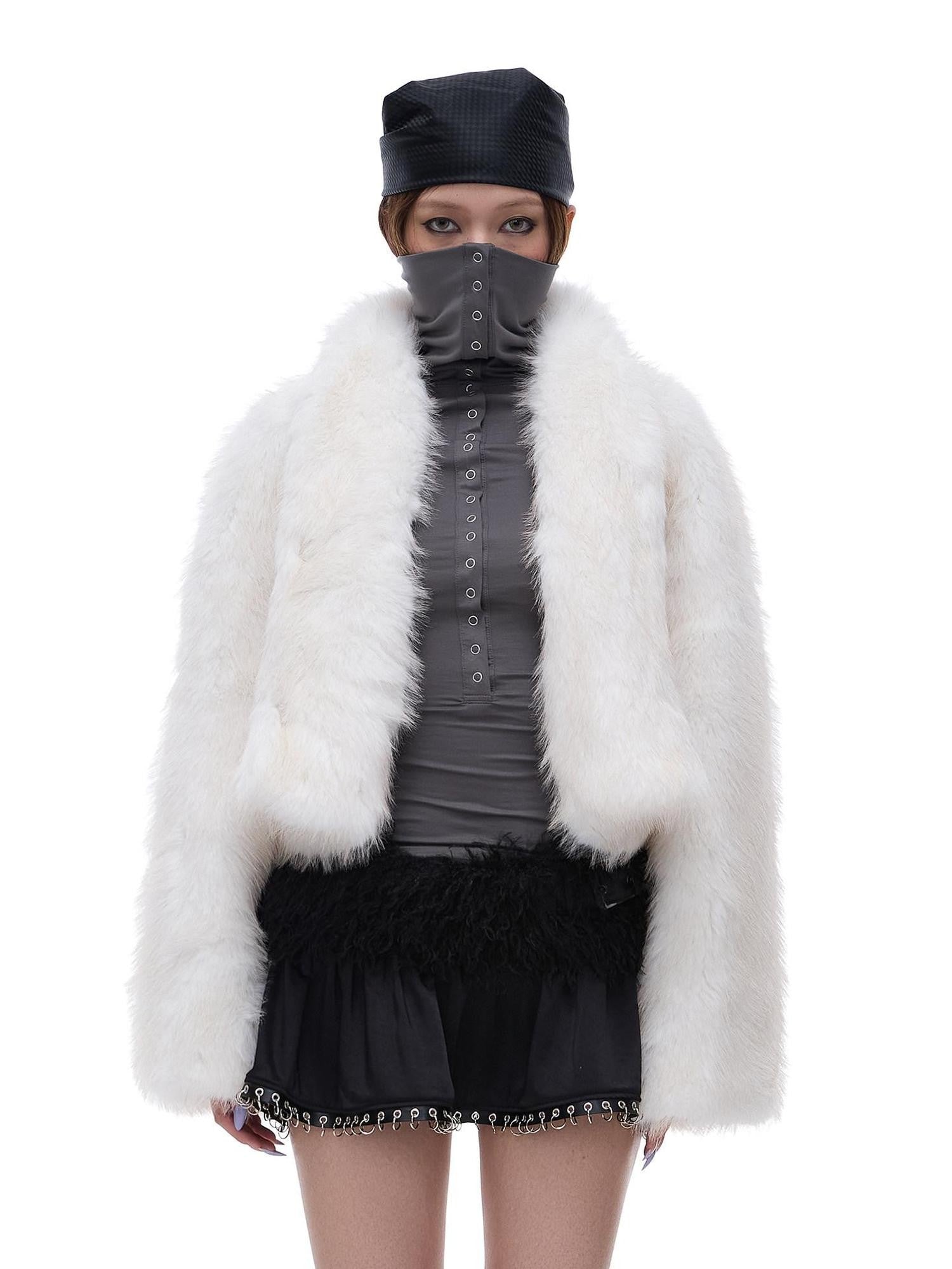 START THE ENGINE Ivory Stand Collar Short Bonded Faux Leather Fur Women's Eco Faux Fur Coats