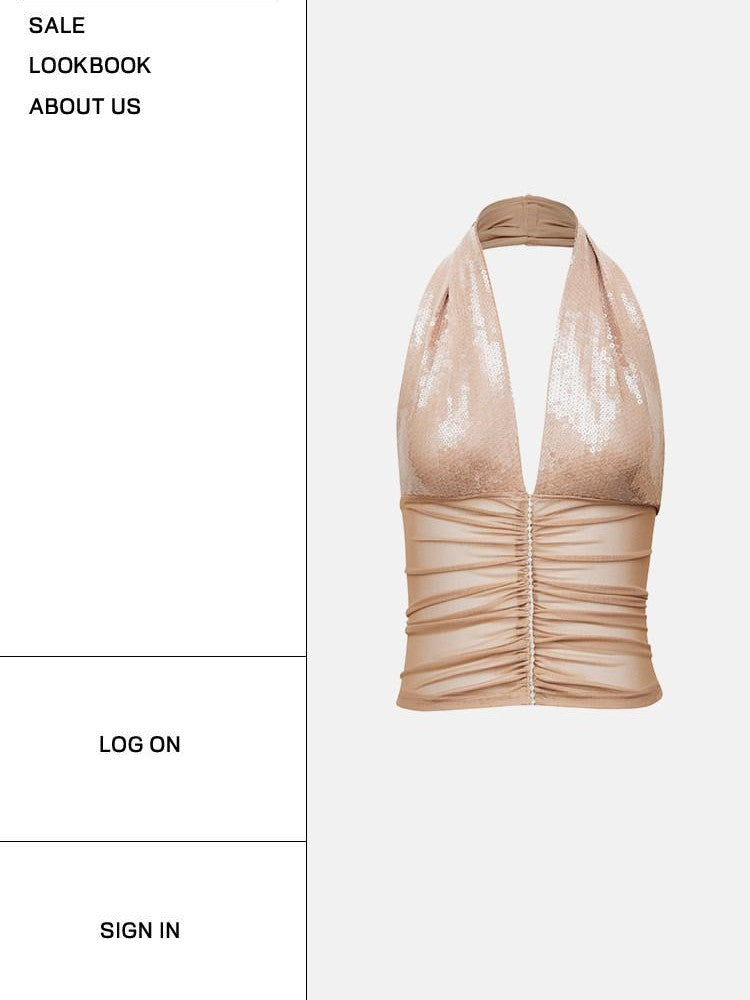 START THE ENGINE Khaki Sequin Ruched V-neck Open Back Slim Women's Mesh Halter Tops