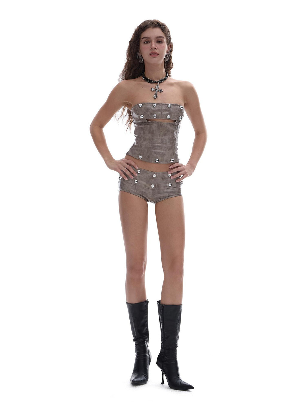 START THE ENGINE Khaki Studded Cutout Zipper Fitted Cropped Women's Pu Tube Tops