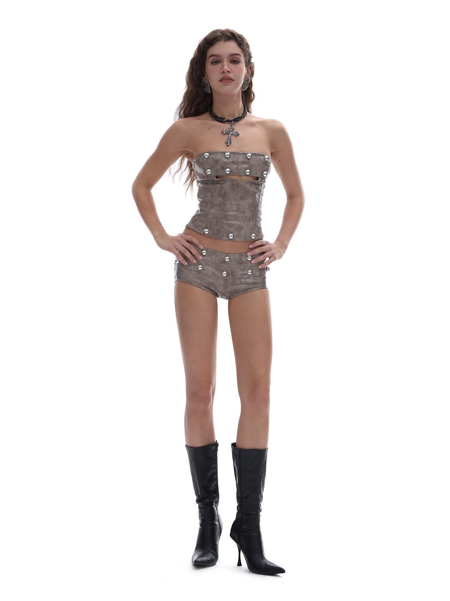 START THE ENGINE Khaki Studded Cutout Zipper Fitted Cropped Women's Pu Tube Tops