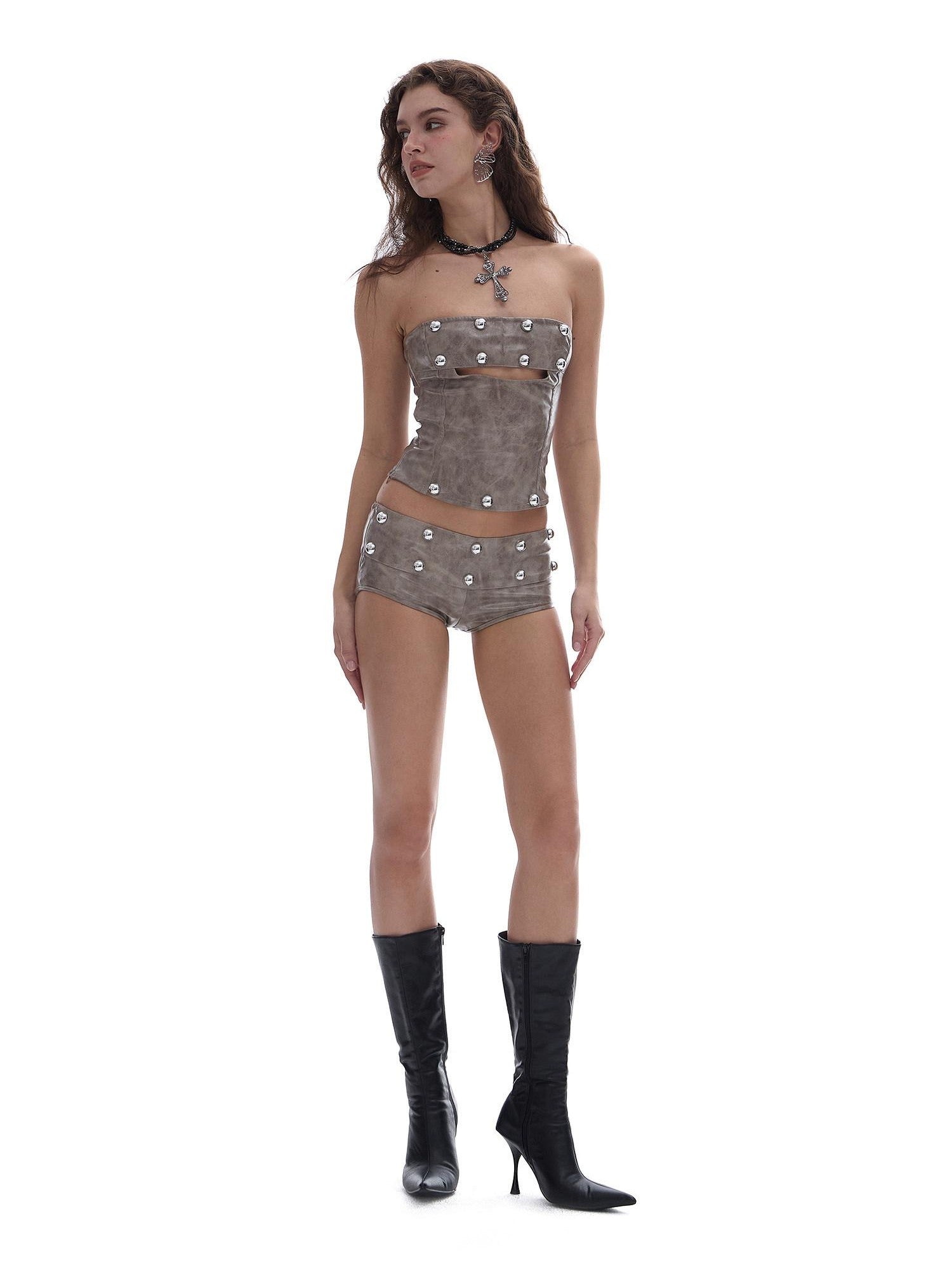 START THE ENGINE Khaki Studded Cutout Zipper Fitted Cropped Women's Pu Tube Tops