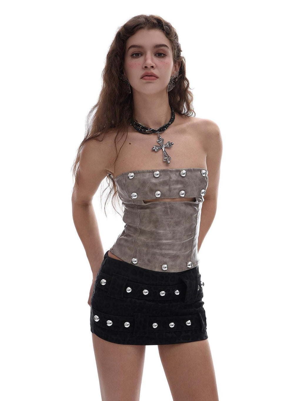 START THE ENGINE Khaki Studded Cutout Zipper Fitted Cropped Women's Pu Tube Tops