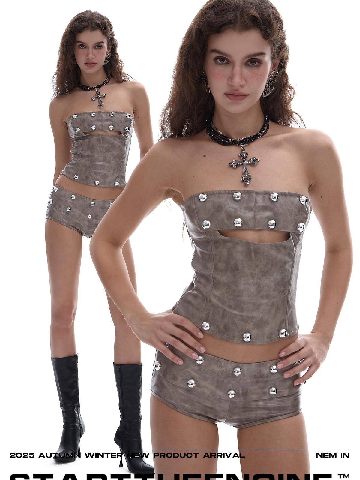 START THE ENGINE Khaki Studded Cutout Zipper Fitted Cropped Women's Pu Tube Tops