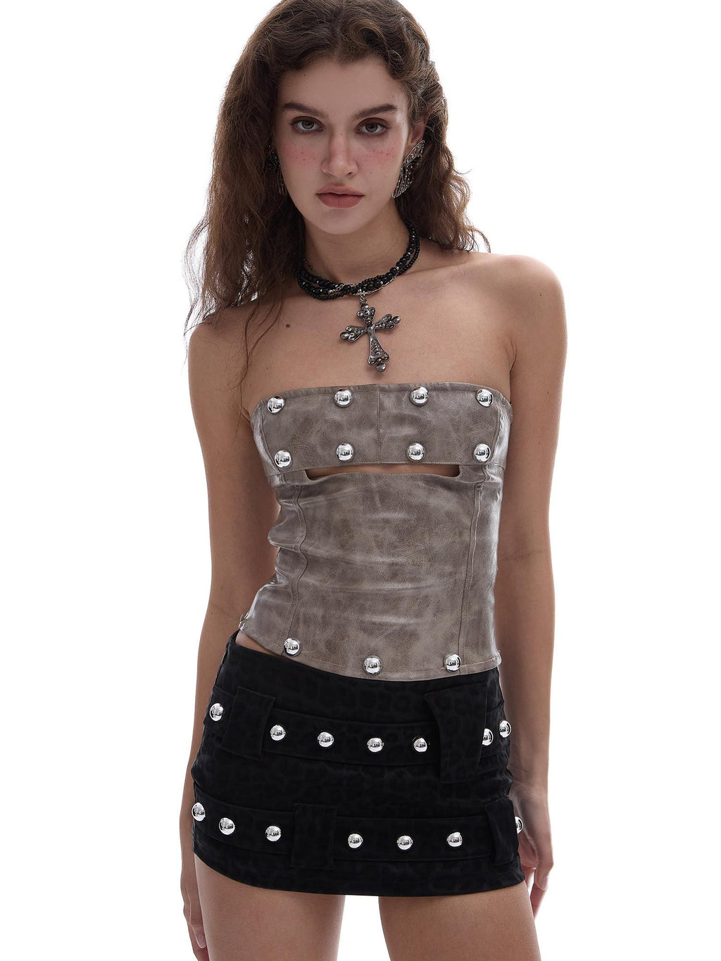 START THE ENGINE Khaki Studded Cutout Zipper Fitted Cropped Women's Pu Tube Tops