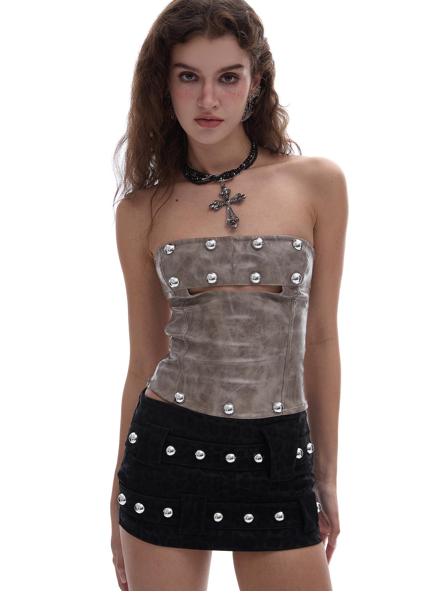 START THE ENGINE Khaki Studded Cutout Zipper Fitted Cropped Women's Pu Tube Tops
