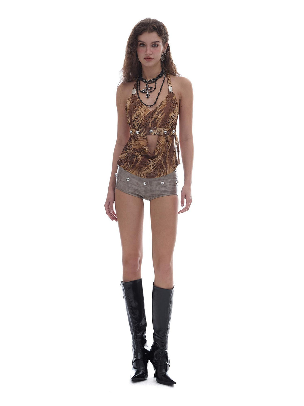 START THE ENGINE Khaki Studded Zipper Low Waist Slim Vintage Women's Pu Denim Shorts