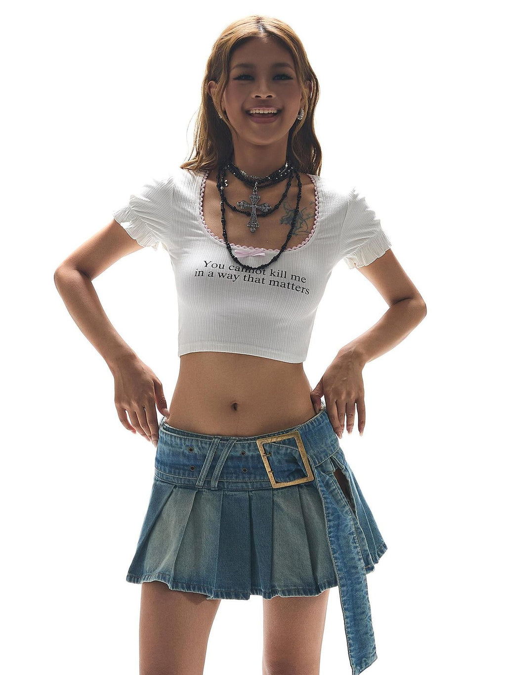 START THE ENGINE Lace Bow Square Neck Puff Sleeve Letter Print Slim Fit Women's Cotton Crop Tops