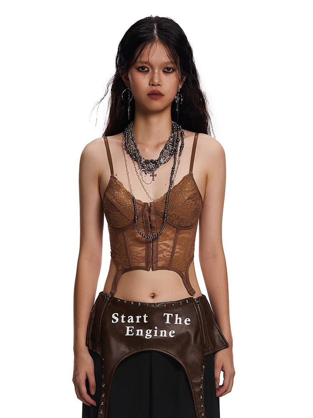 START THE ENGINE Lace Sheer Open Back Cross Tie Floral Print Women's Camisoles