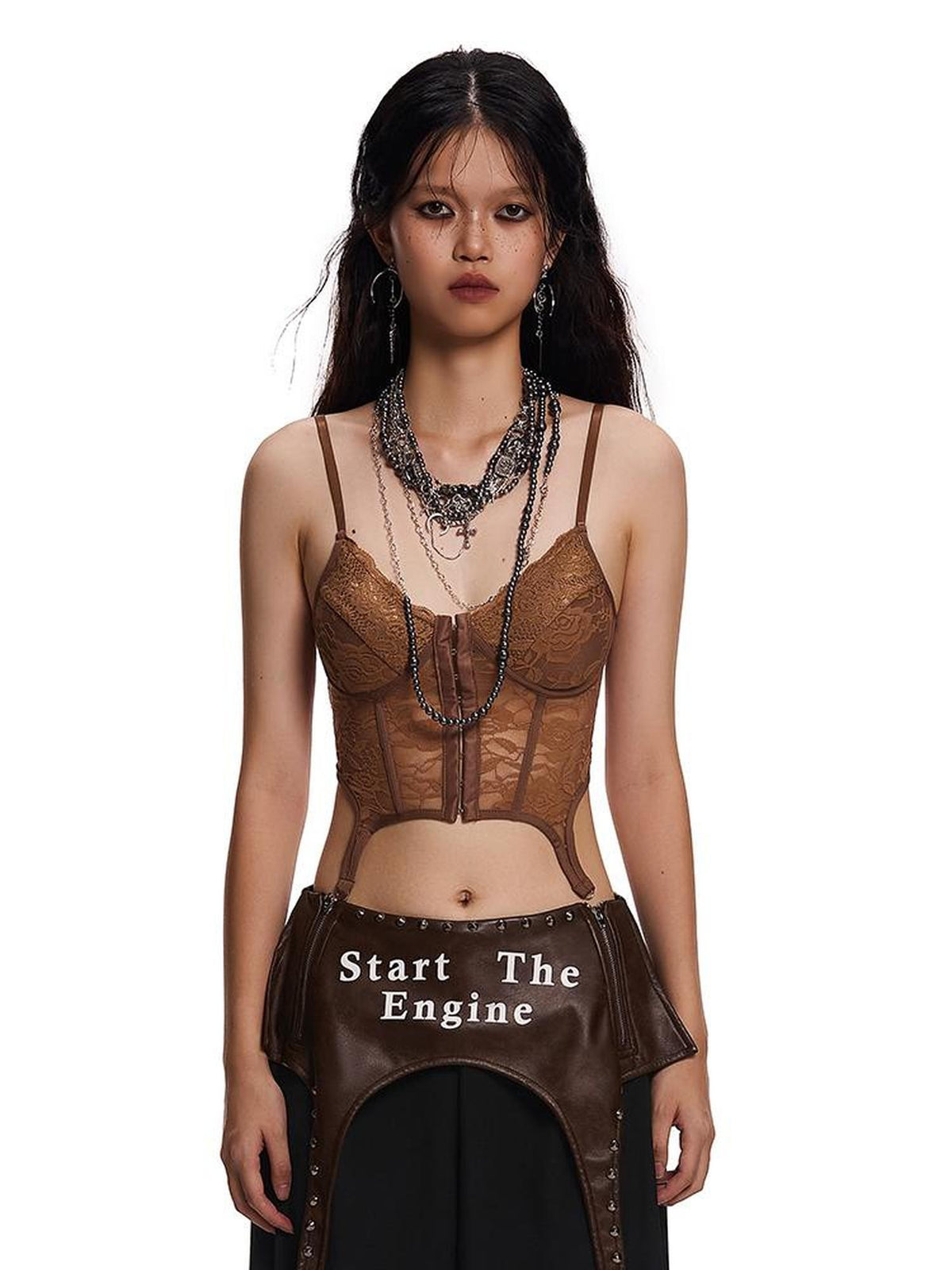START THE ENGINE Lace Sheer Open Back Cross Tie Floral Print Women's Camisoles