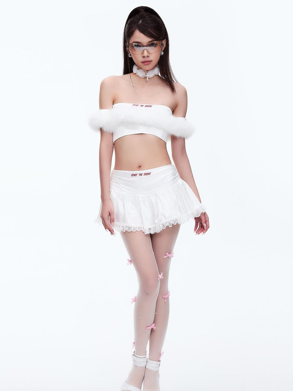 START THE ENGINE Lace Trim Ruched Low Waist Bodycon Tiered Women's Viscose Mini Skirts