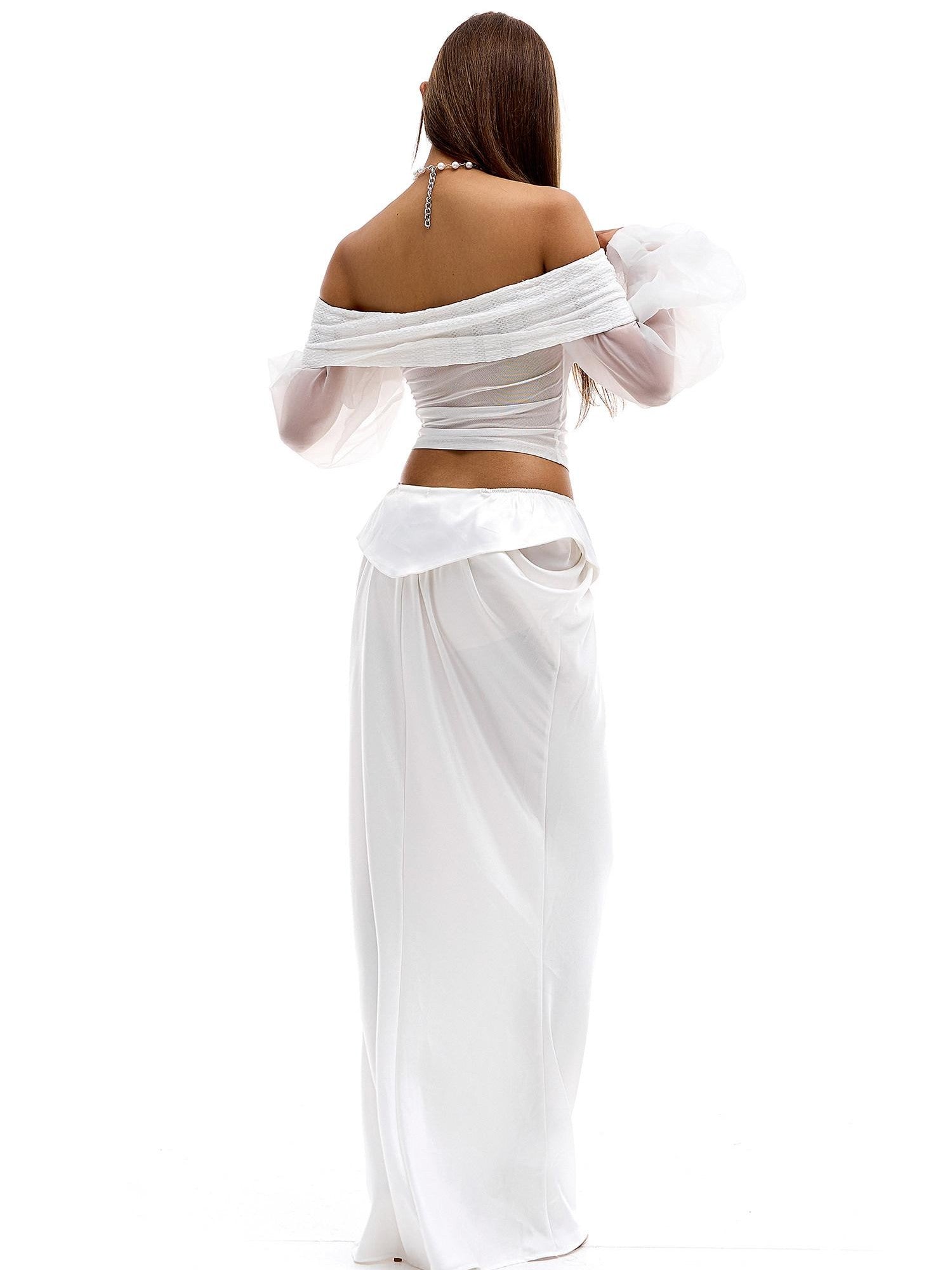 START THE ENGINE Lantern Sleeve Off Shoulder Women's Mesh Slim Cropped Long Sleeve T-shirts