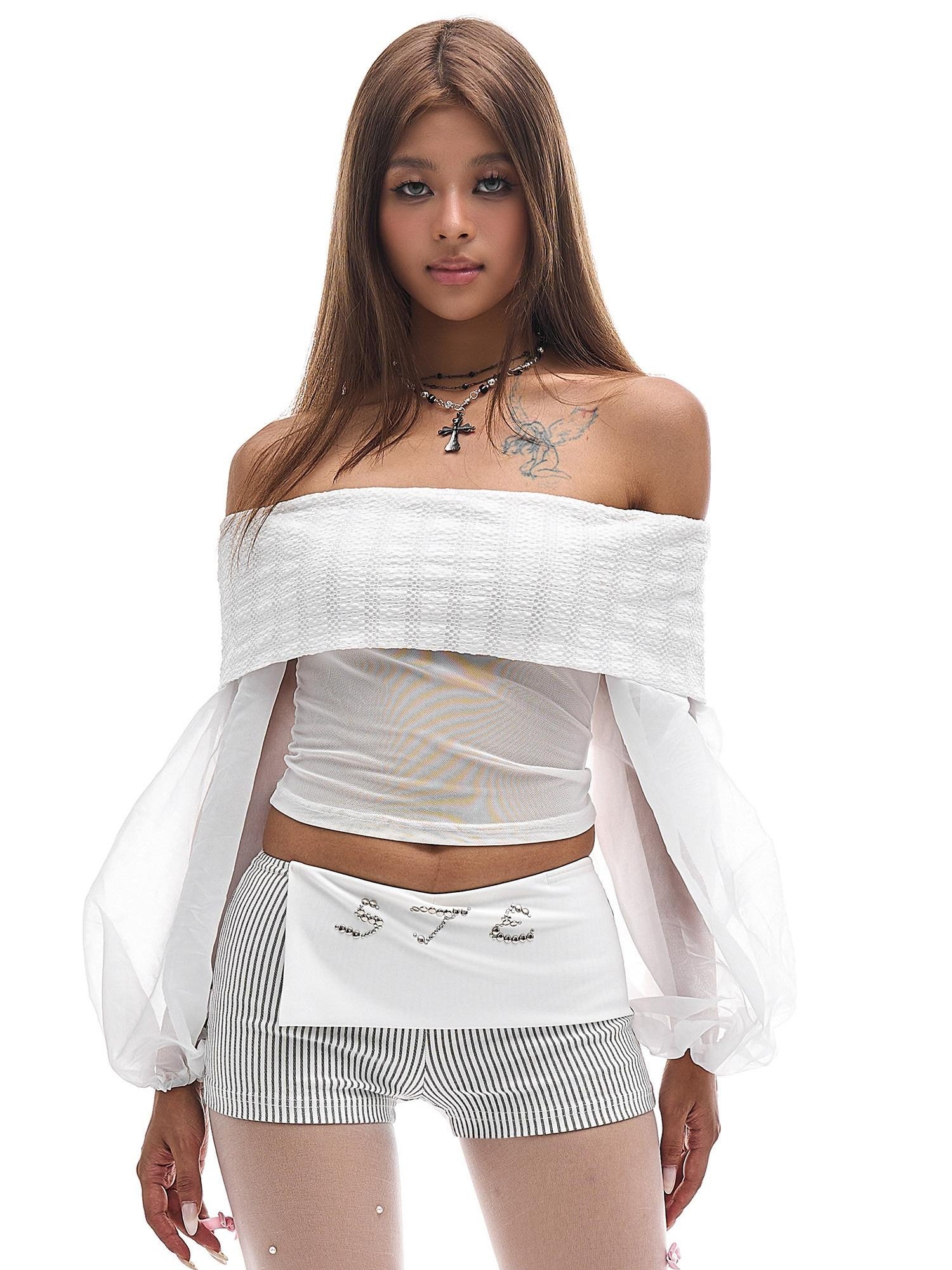 START THE ENGINE Lantern Sleeve Off Shoulder Women's Mesh Slim Cropped Long Sleeve T-shirts