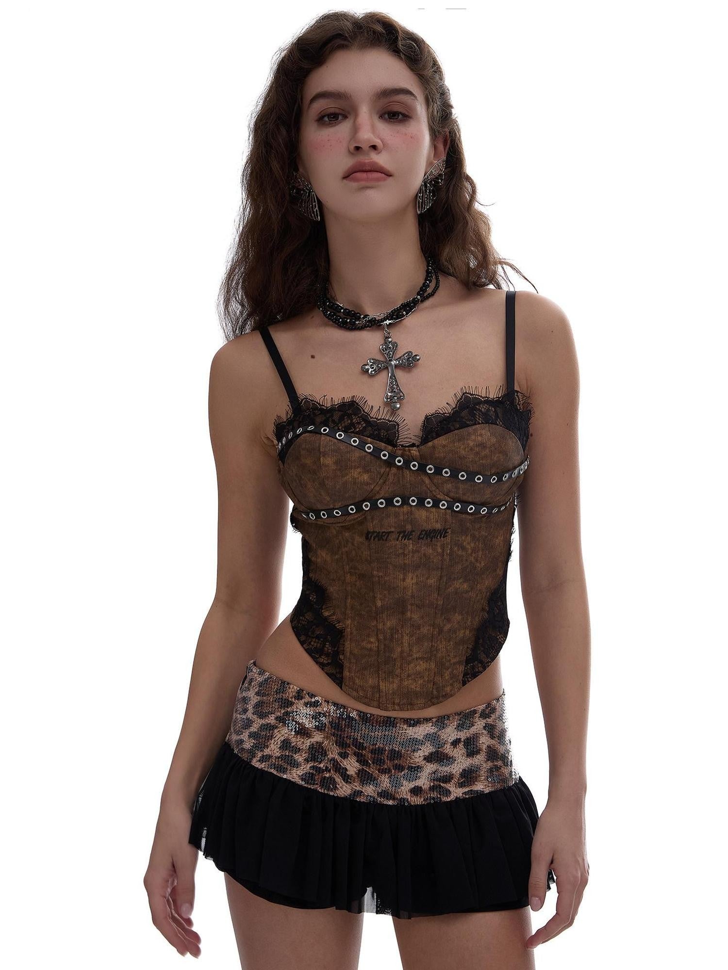 START THE ENGINE Leopard Contrast V-neck Boned Corset Women's Stretch Denim Lace Camisoles