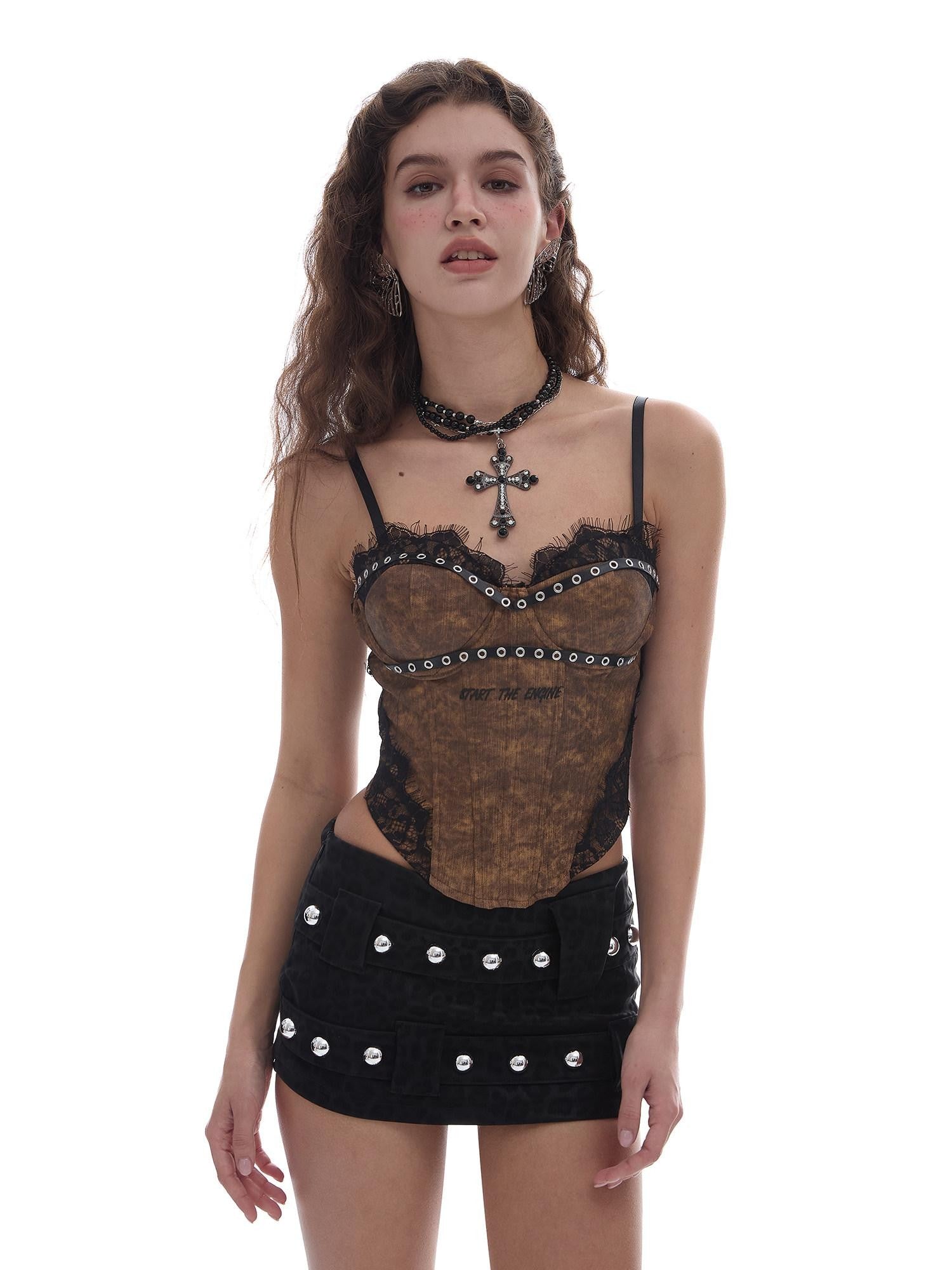 START THE ENGINE Leopard Contrast V-neck Boned Corset Women's Stretch Denim Lace Camisoles