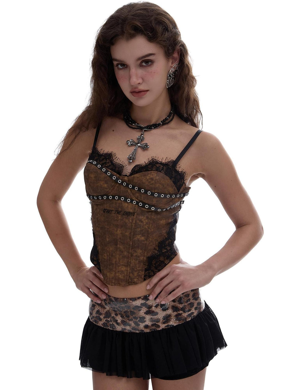 START THE ENGINE Leopard Contrast V-neck Boned Corset Women's Stretch Denim Lace Camisoles