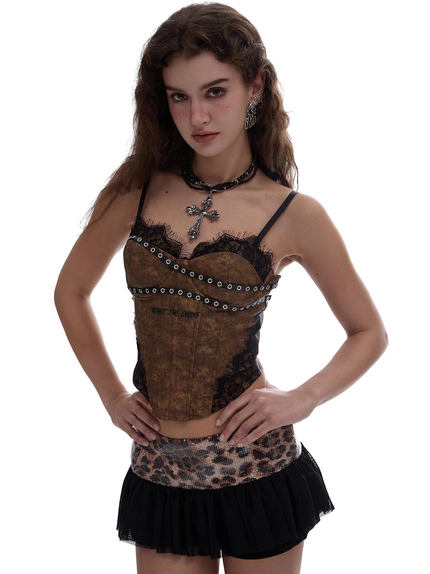START THE ENGINE Leopard Contrast V-neck Boned Corset Women's Stretch Denim Lace Camisoles