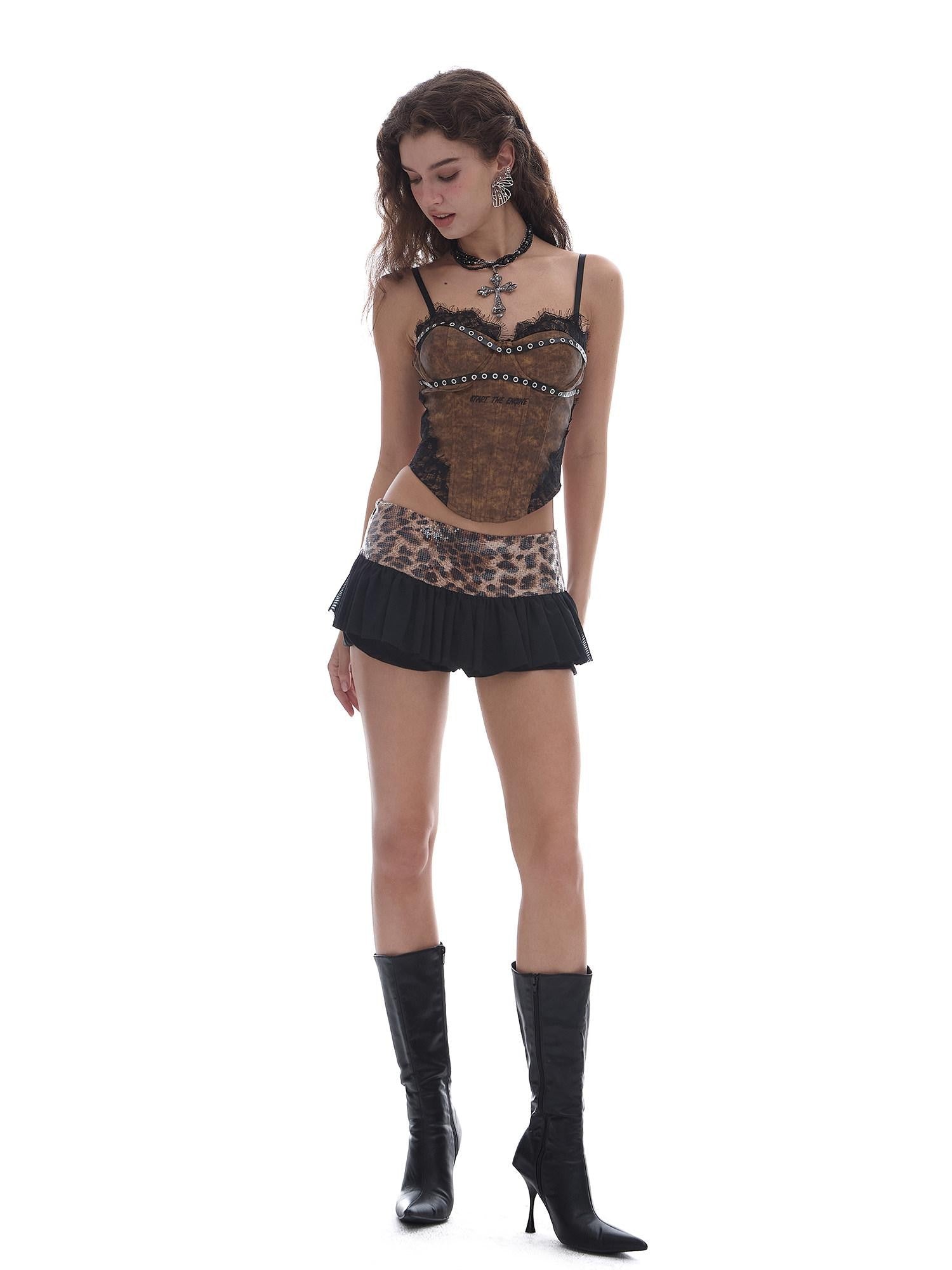 START THE ENGINE Leopard Contrast V-neck Boned Corset Women's Stretch Denim Lace Camisoles