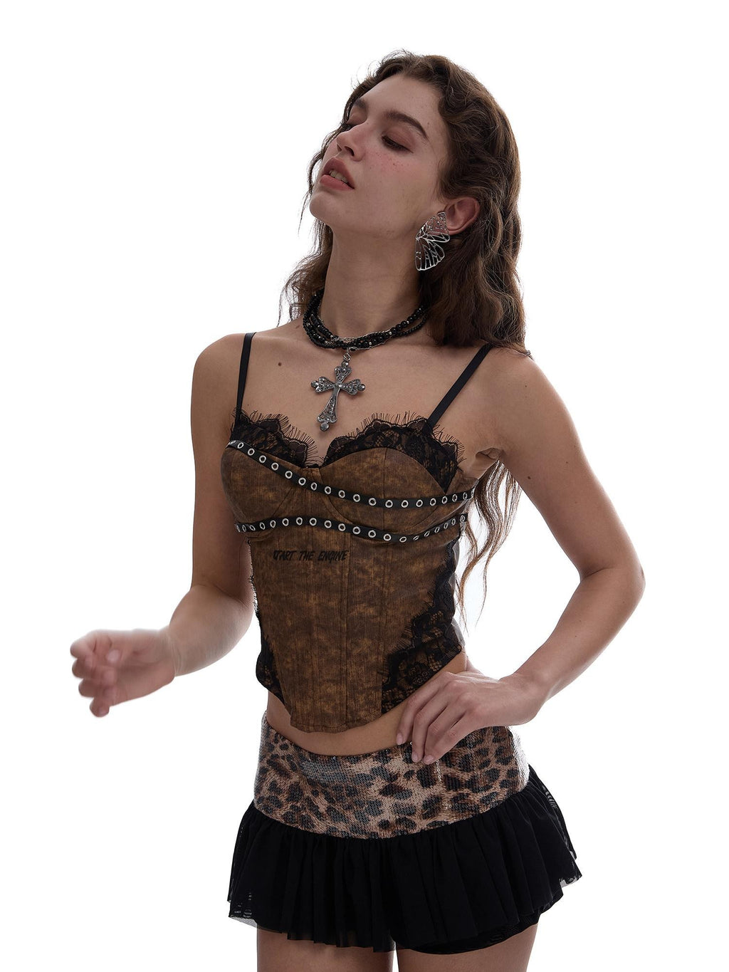 START THE ENGINE Leopard Contrast V-neck Boned Corset Women's Stretch Denim Lace Camisoles