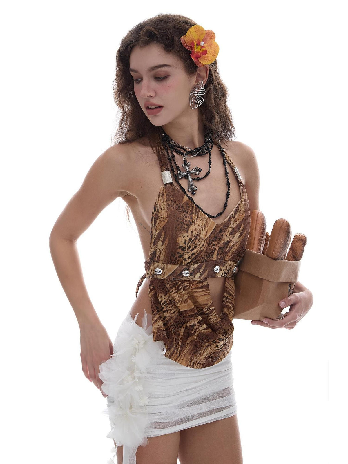 START THE ENGINE Leopard Print Open Back Halter Rivet Slim Fit Women's Nylon Tank Tops
