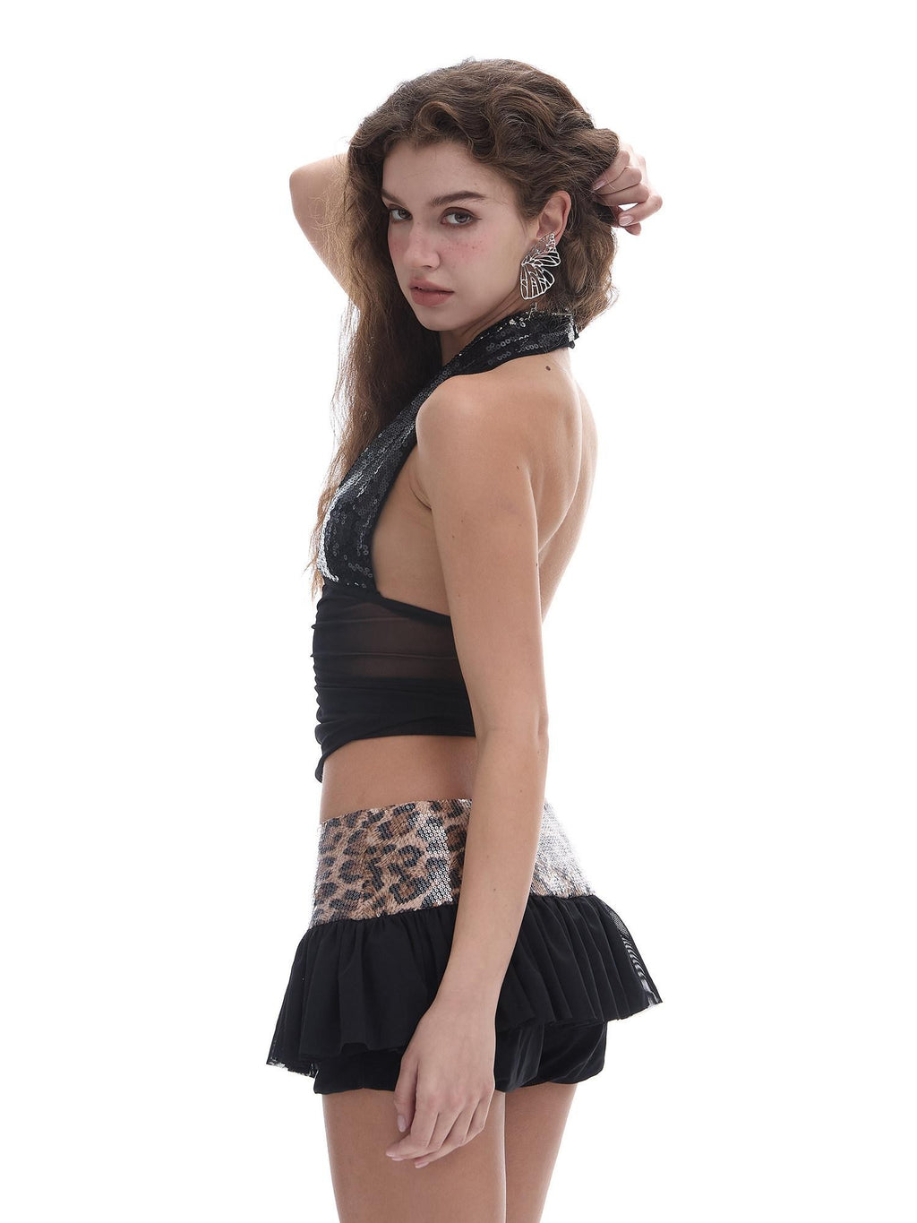START THE ENGINE Leopard Print Sequin A Line Low Rise Lined Slim Women's Polyester Mini Skirts