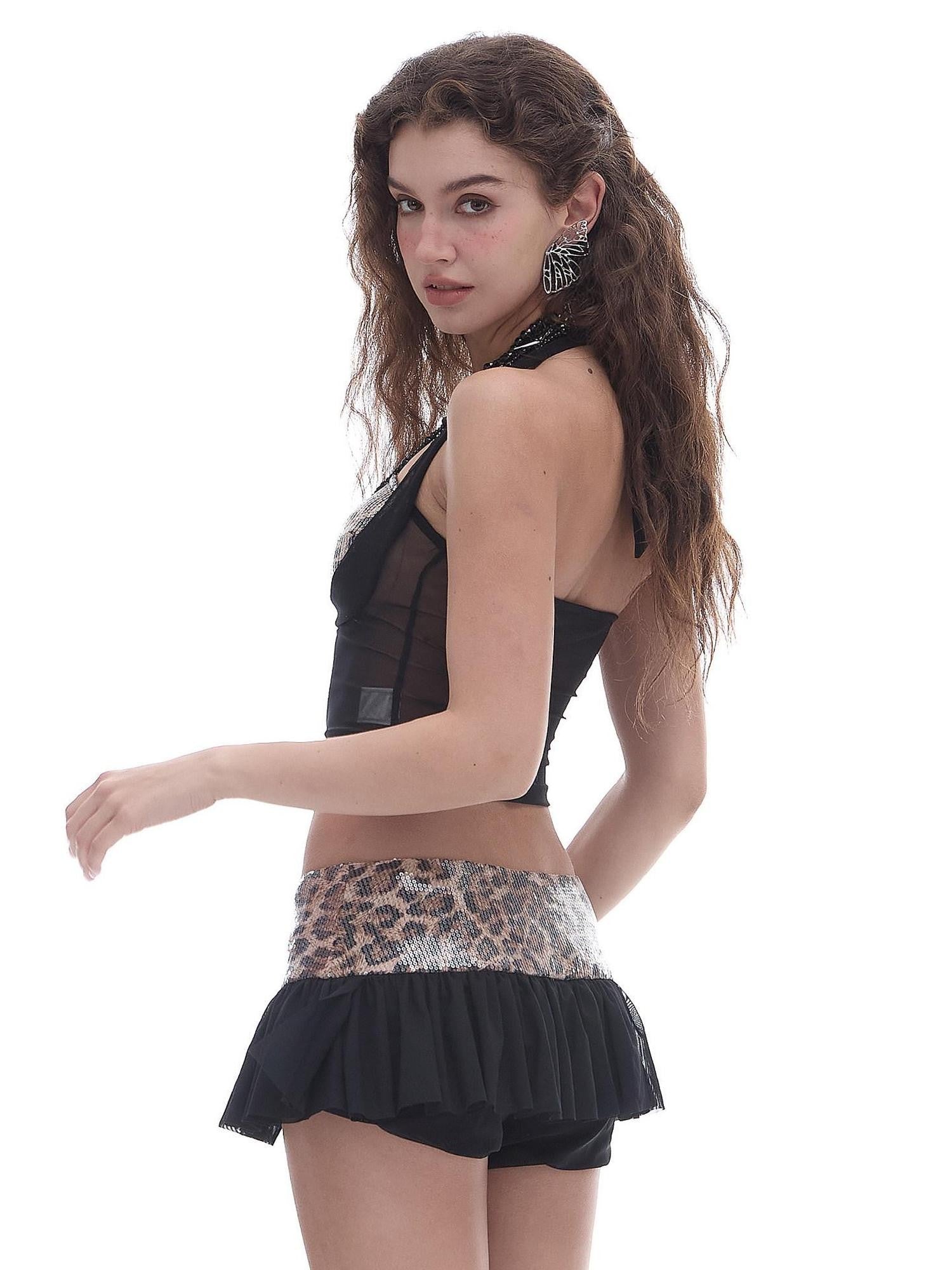 START THE ENGINE Leopard Print Spliced Sequin Mesh Women's Viscose Halter Tops