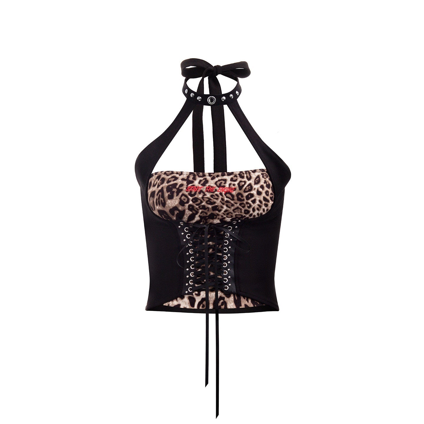 START_THE_ENGINE_Leopard_Print_Spliced_Tie_Neck_Slim_Fit_Round_Hem_Women's_Nylon_Halter_Tops_960955406756_MISSTT