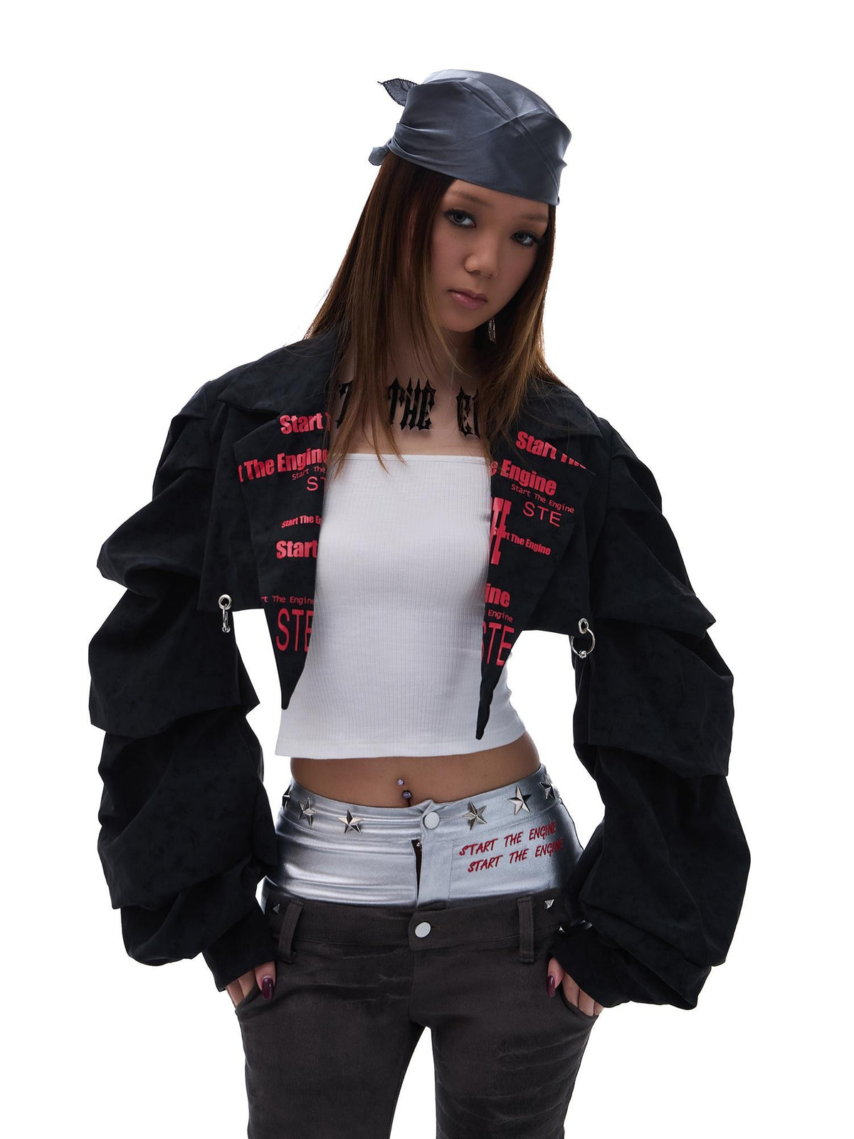 START THE ENGINE Letter Print Loose Women's Viscose Cropped Jackets