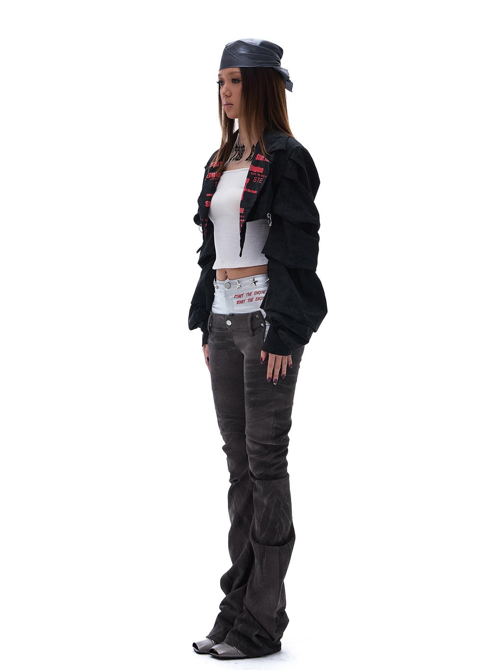 START THE ENGINE Letter Print Loose Women's Viscose Cropped Jackets