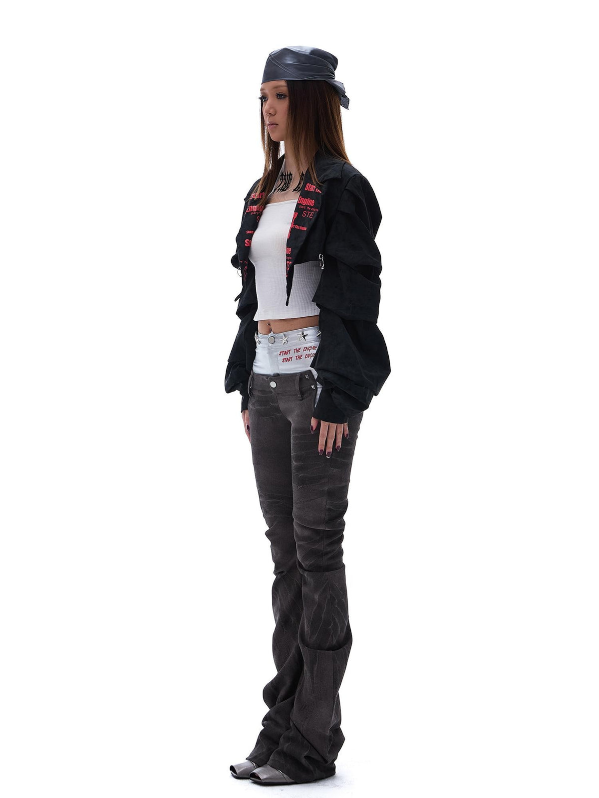 START THE ENGINE Letter Print Loose Women's Viscose Cropped Jackets