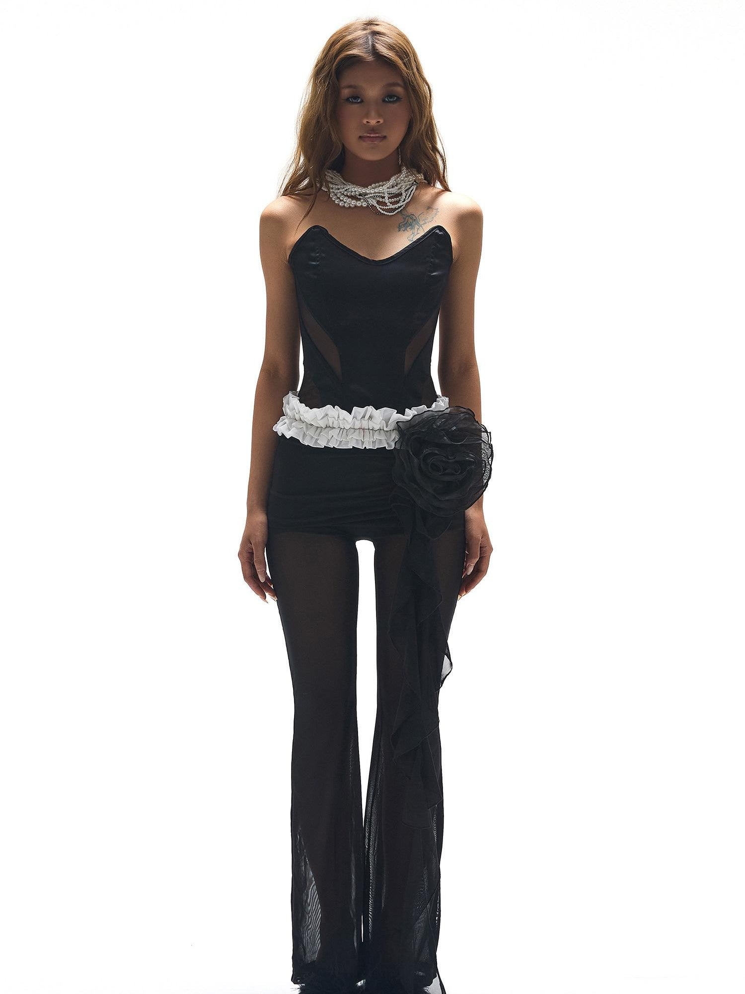 START THE ENGINE Mesh Spliced Sheer Boned Corset Women's Polyester Spandex Tube Tops