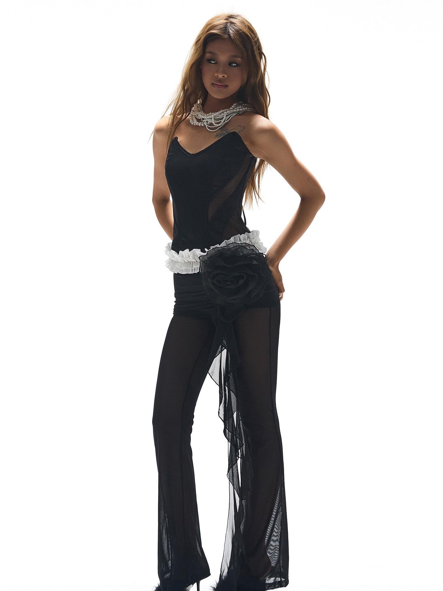 START THE ENGINE Mesh Spliced Sheer Boned Corset Women's Polyester Spandex Tube Tops
