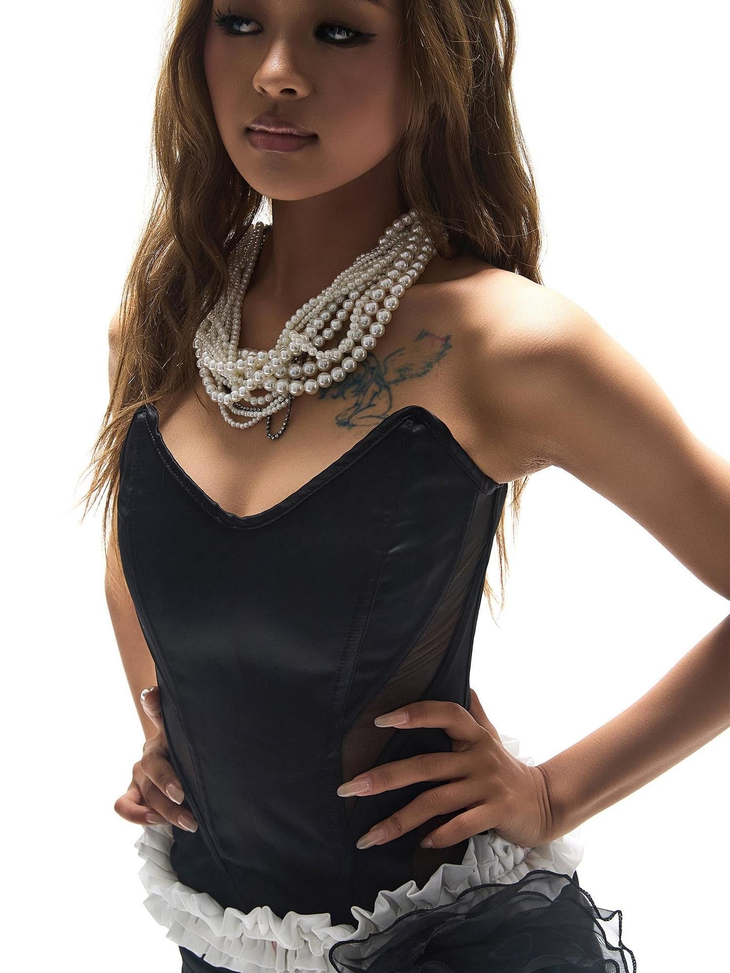 START THE ENGINE Mesh Spliced Sheer Boned Corset Women's Polyester Spandex Tube Tops