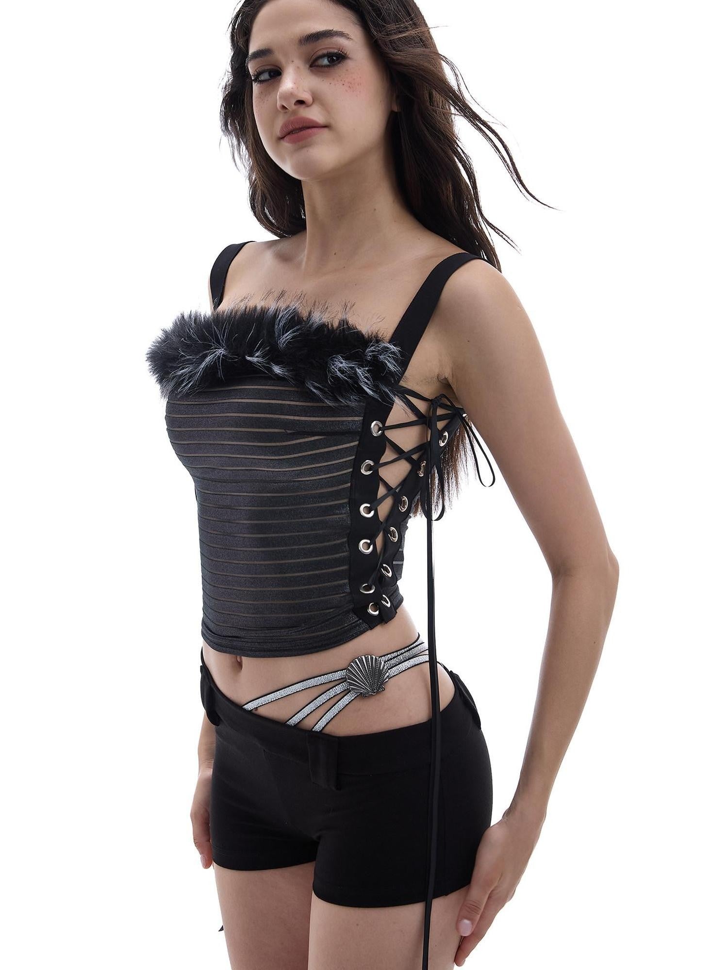 START THE ENGINE Metallic Fur Collar Spliced Lace Up Bandage Women's Polyester Camisoles