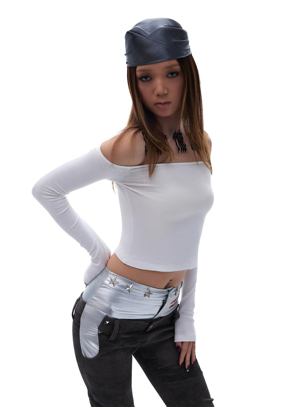 START THE ENGINE Off Shoulder Detachable Fur Collar Slim Fit Cotton Women's Long Sleeve T-shirts