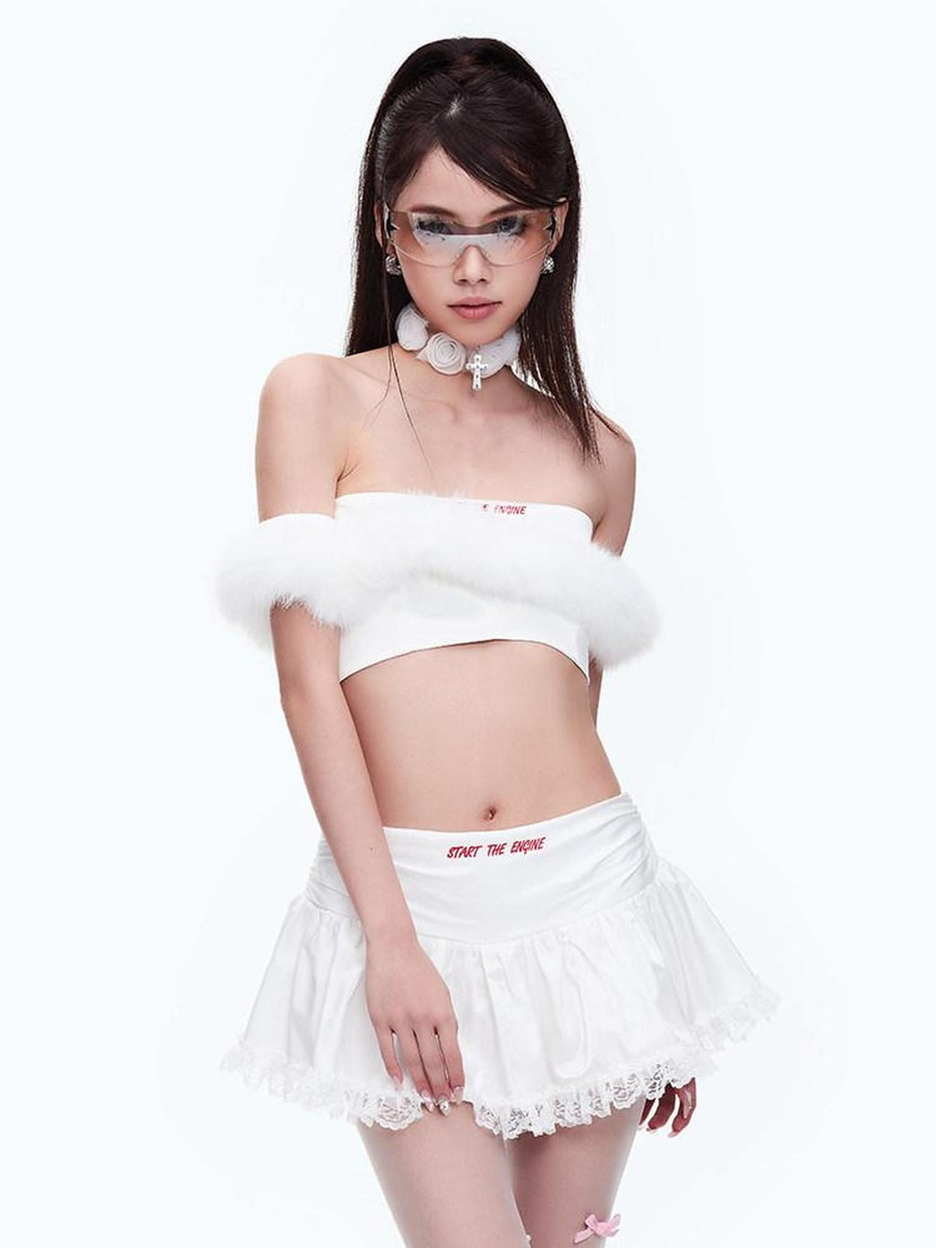 START THE ENGINE One Shoulder Fur Collar Spliced Cropped Women's Knit Polyester Tube Tops