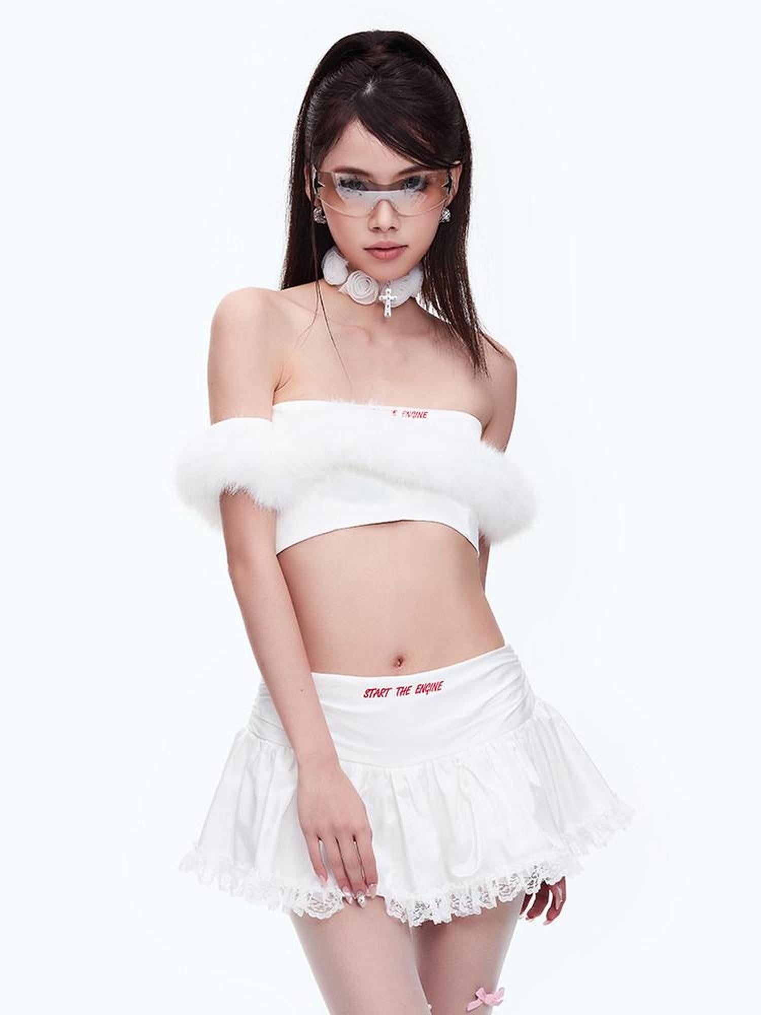 START THE ENGINE One Shoulder Fur Collar Spliced Cropped Women's Knit Polyester Tube Tops