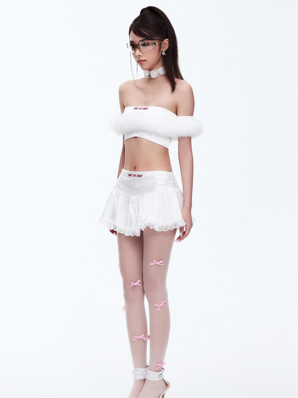 START THE ENGINE One Shoulder Fur Collar Spliced Cropped Women's Knit Polyester Tube Tops