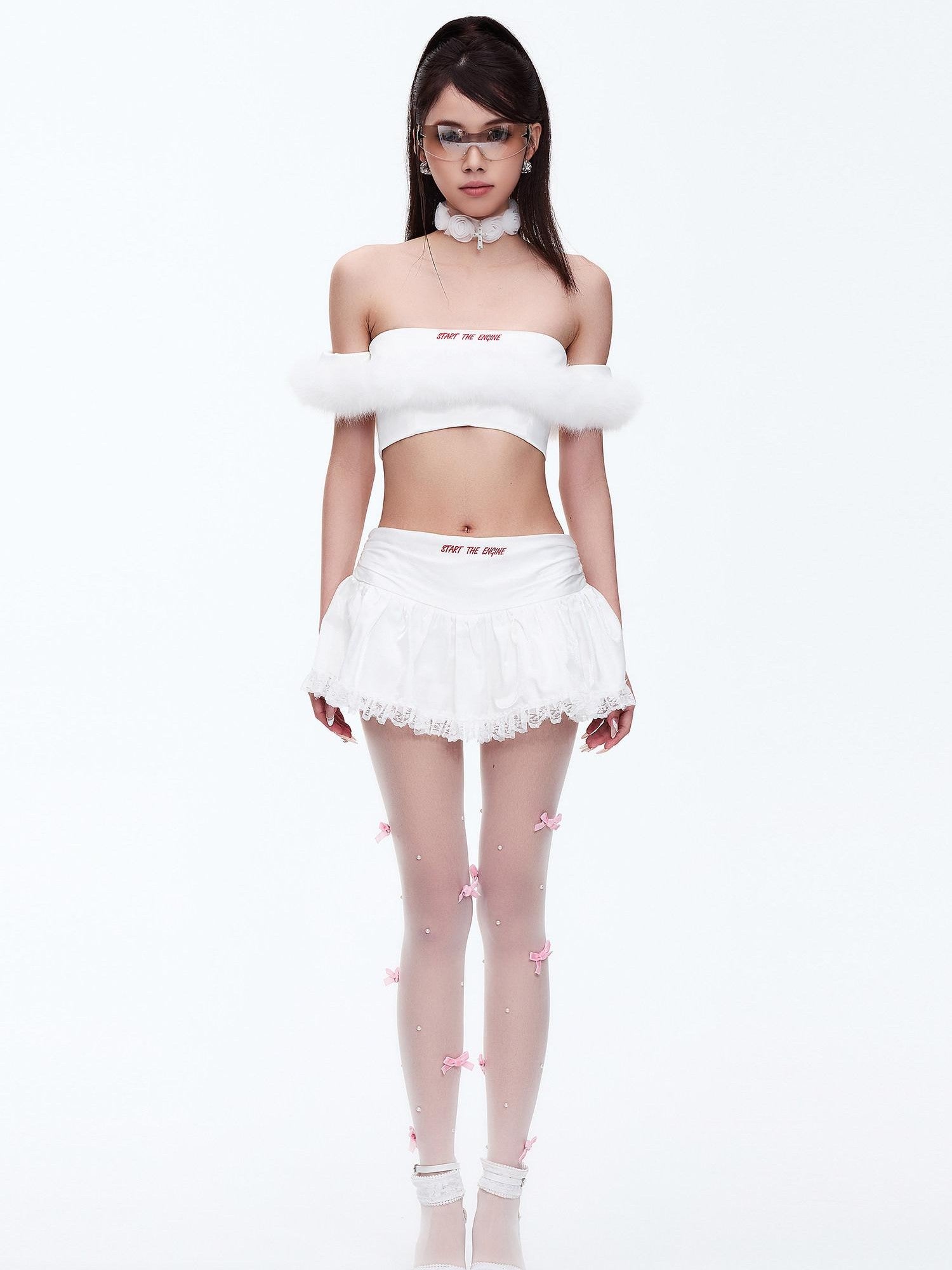 START THE ENGINE One Shoulder Fur Collar Spliced Cropped Women's Knit Polyester Tube Tops