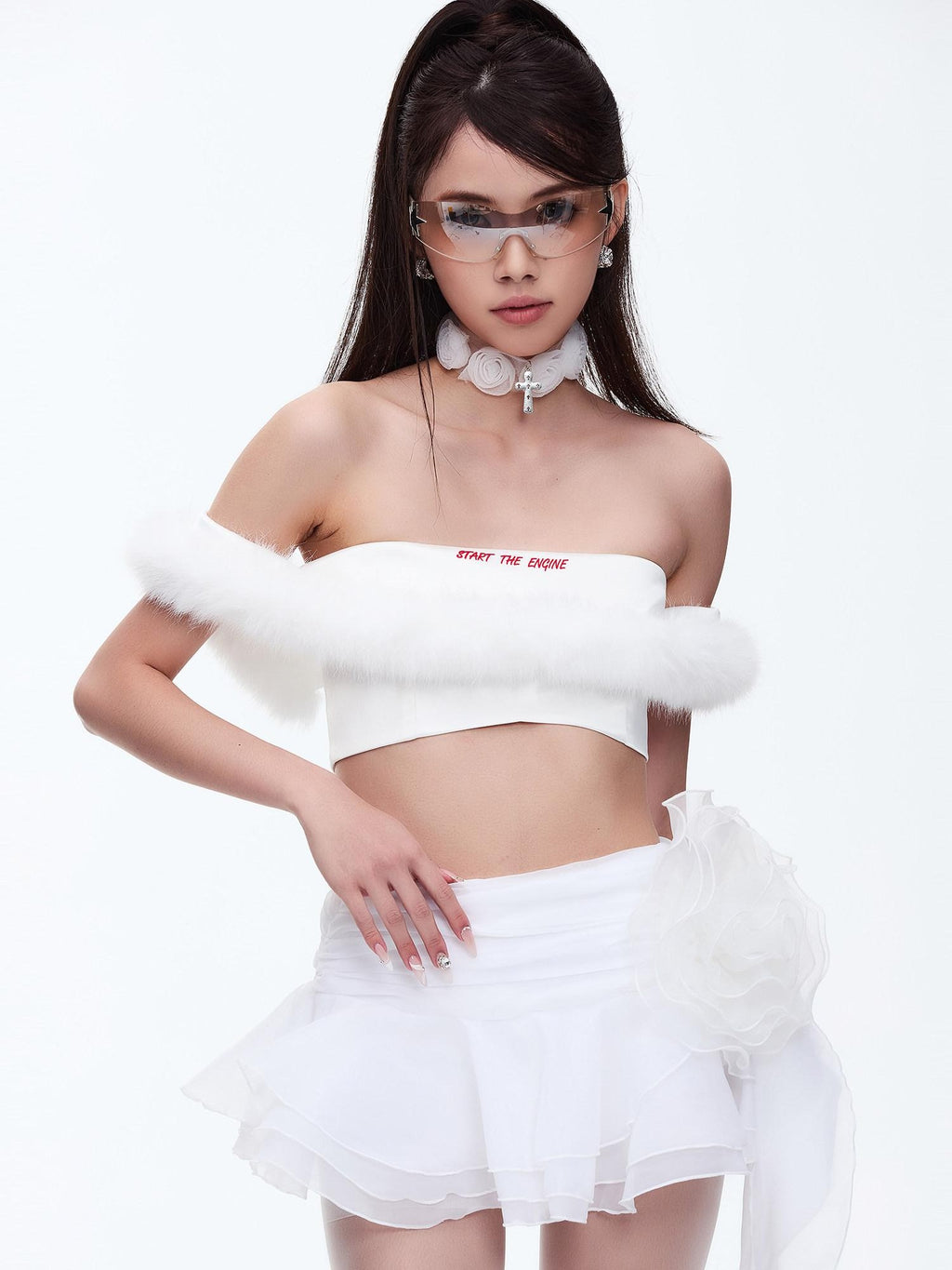 START THE ENGINE One Shoulder Fur Collar Spliced Cropped Women's Knit Polyester Tube Tops