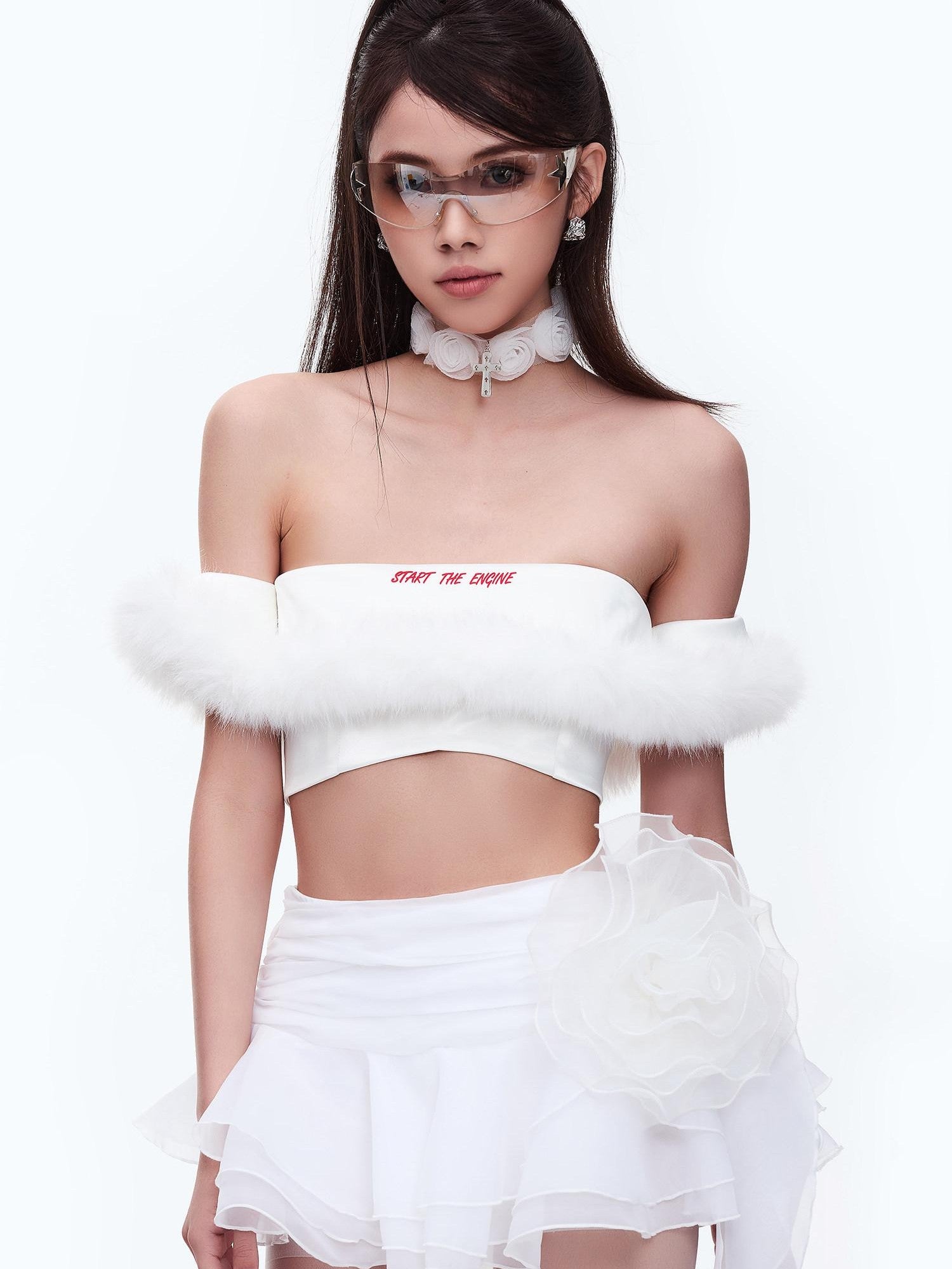 START THE ENGINE One Shoulder Fur Collar Spliced Cropped Women's Knit Polyester Tube Tops