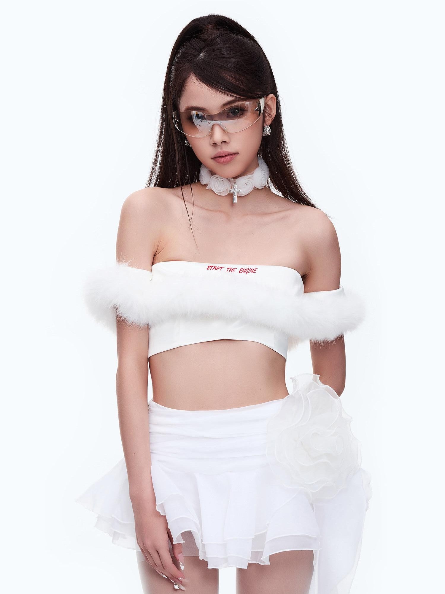 START THE ENGINE One Shoulder Fur Collar Spliced Cropped Women's Knit Polyester Tube Tops