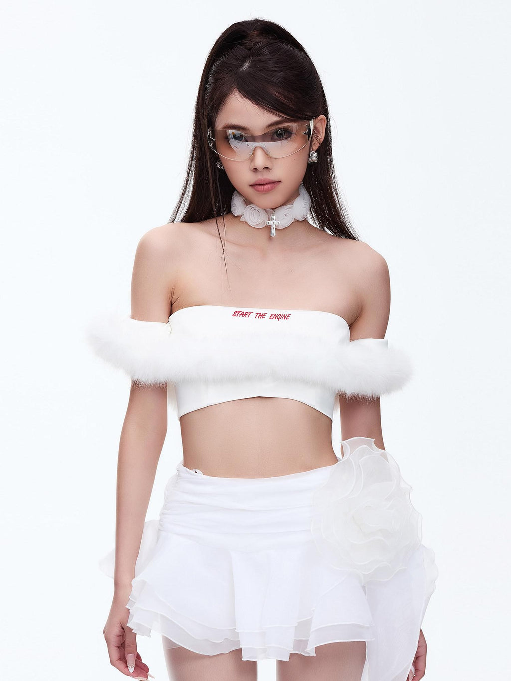 START THE ENGINE One Shoulder Fur Collar Spliced Cropped Women's Knit Polyester Tube Tops