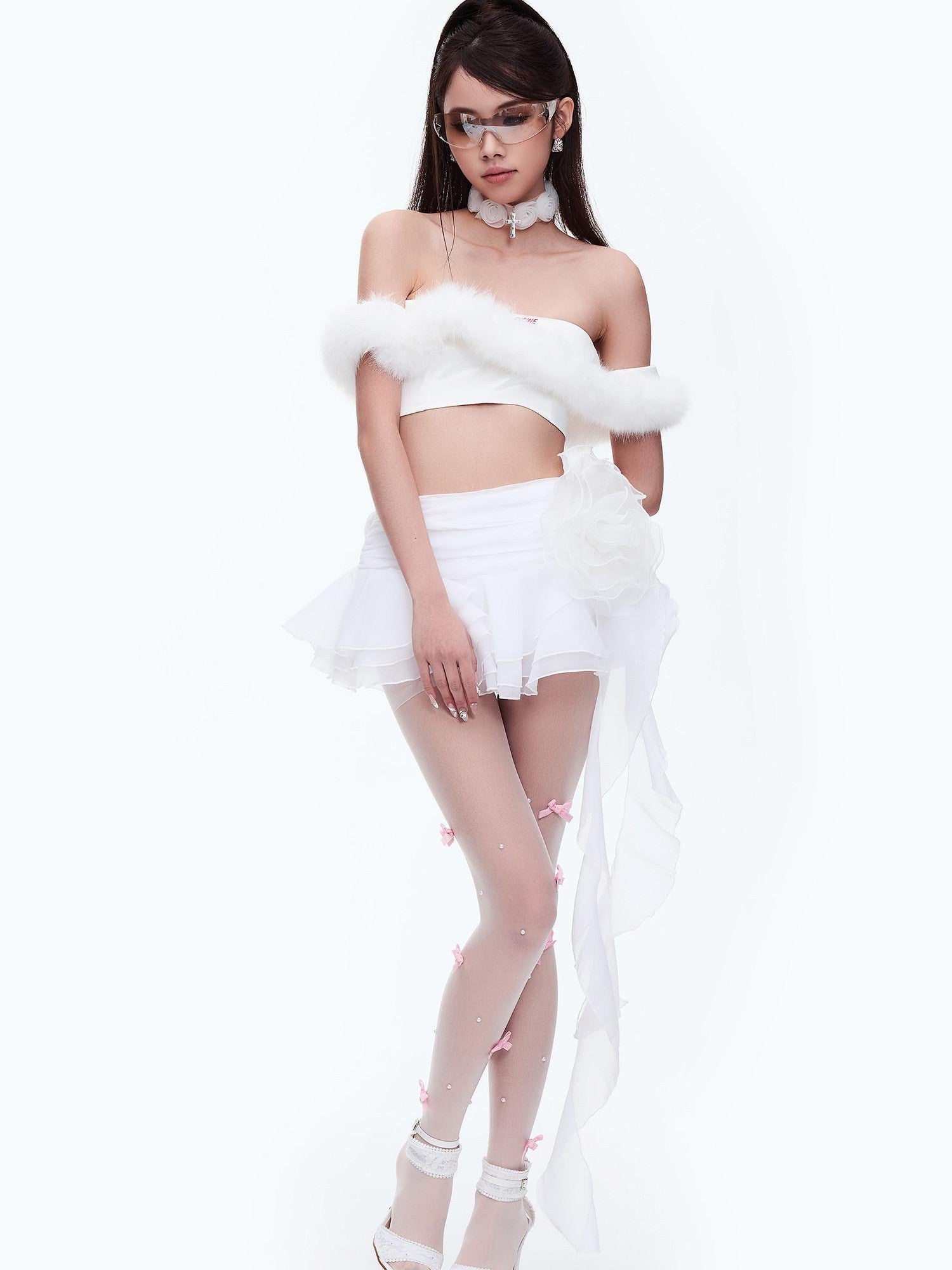 START THE ENGINE One Shoulder Fur Collar Spliced Cropped Women's Knit Polyester Tube Tops
