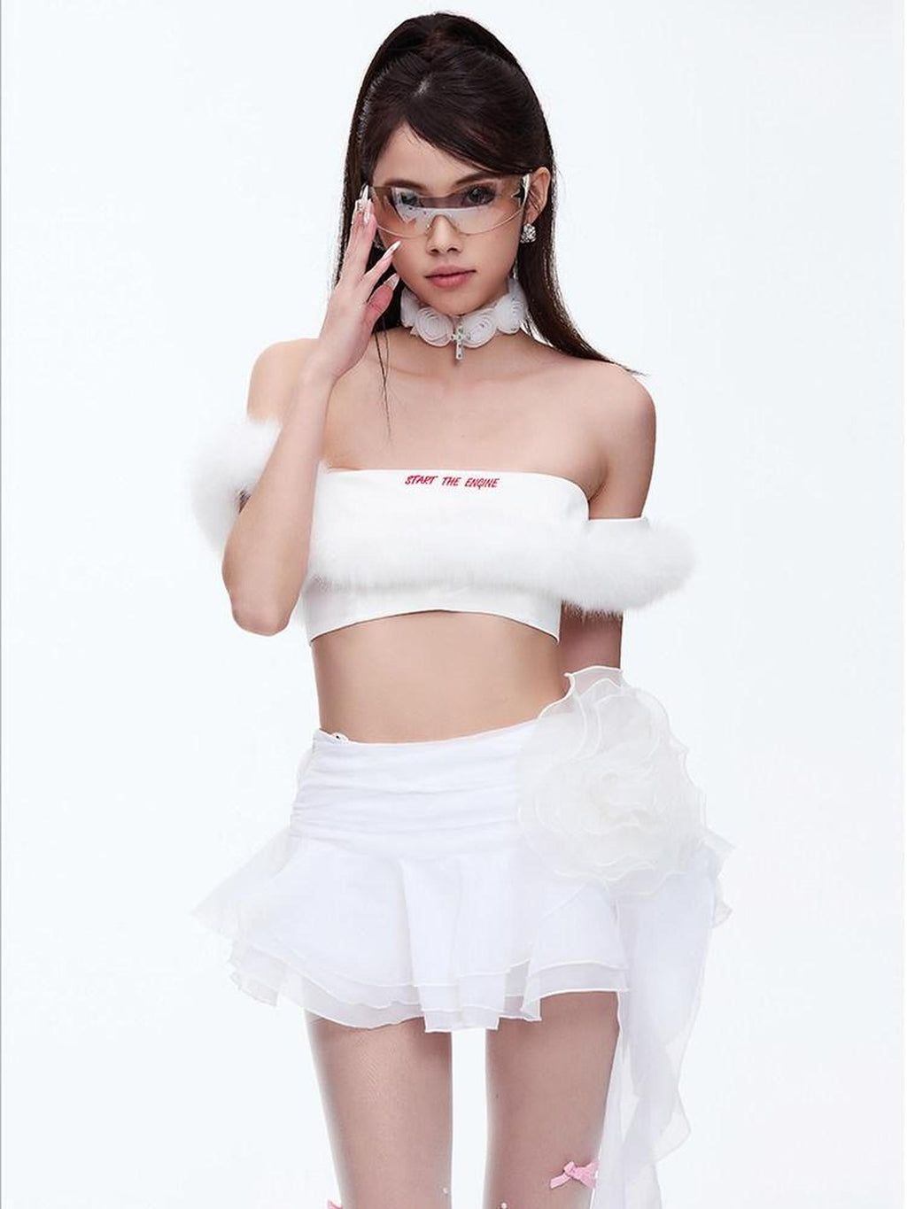 START THE ENGINE One Shoulder Fur Collar Spliced Cropped Women's Knit Polyester Tube Tops