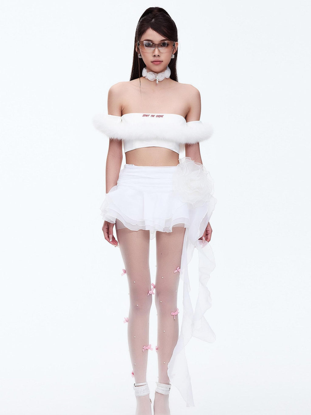 START THE ENGINE One Shoulder Fur Collar Spliced Cropped Women's Knit Polyester Tube Tops
